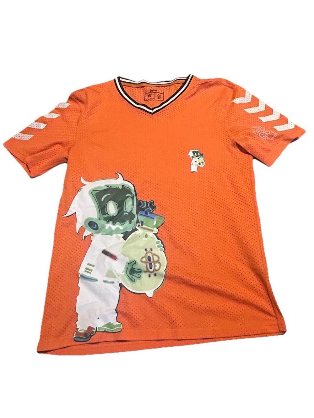 Anime Graphic Mesh Jersey Shirt Orange Streetwear Y2K V Neck Short Sleeve Mens S